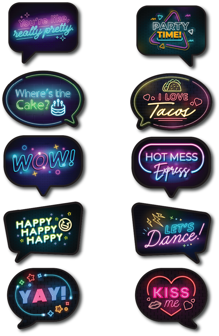 BUNDLE - Neon Speech Bubbles 2 - 5 Double-Sided Photo Booth Props