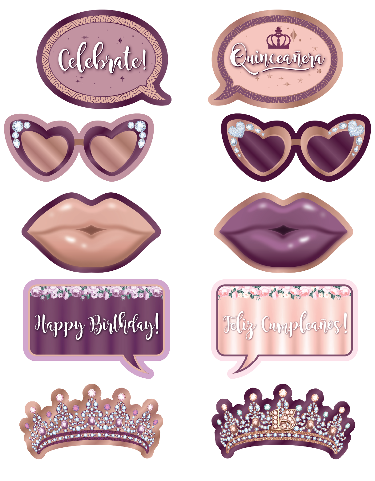 BUNDLE! Quinceañera - 5 Double-Sided Photo Booth Props