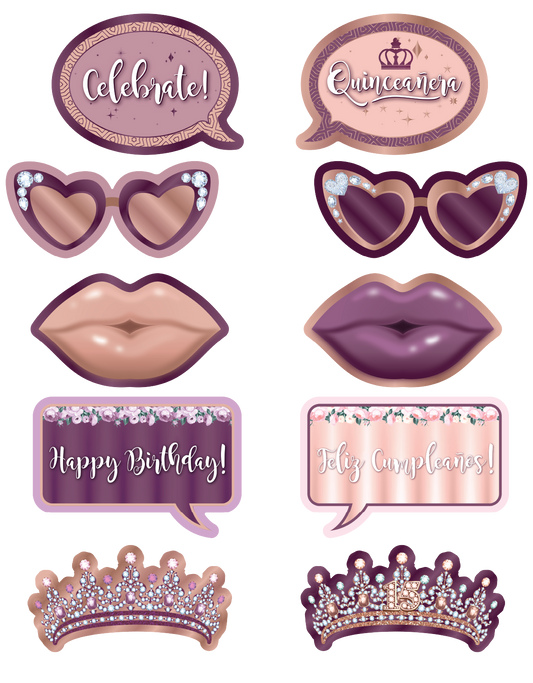 BUNDLE! Quinceañera - 5 Double-Sided Photo Booth Props